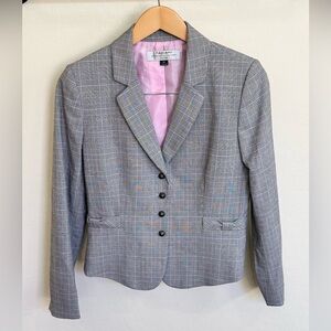 Tahari Arthur S. Levine Gray Plaid Blazer Jacket Pink Lining Size 6P Petite